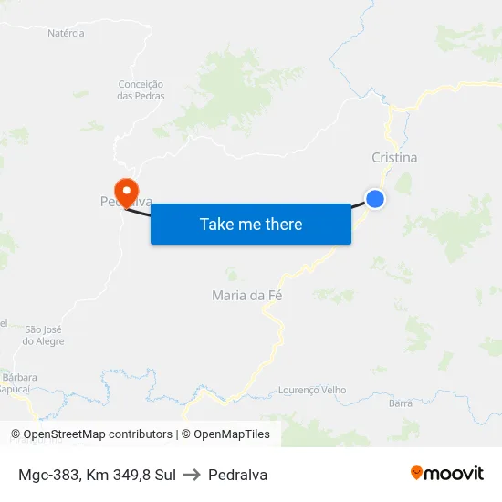 Mgc-383, Km 349,8 Sul to Pedralva map