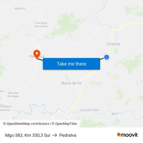 Mgc-383, Km 350,3 Sul to Pedralva map