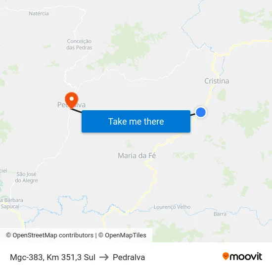 Mgc-383, Km 351,3 Sul to Pedralva map