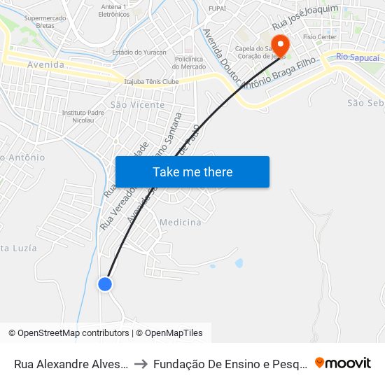 Rua Alexandre Alves Fernandes, 550 to Fundação De Ensino e Pesquisa De Itajubá (FEPI) map