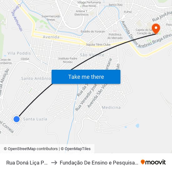 Rua Doná Liça Pereira, 761 to Fundação De Ensino e Pesquisa De Itajubá (FEPI) map