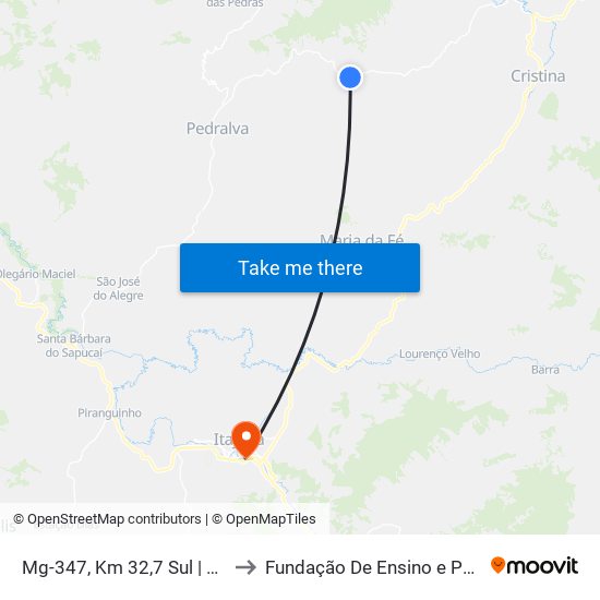 Mg-347, Km 32,7 Sul | Divisa Cristina/Pedralva to Fundação De Ensino e Pesquisa De Itajubá (FEPI) map