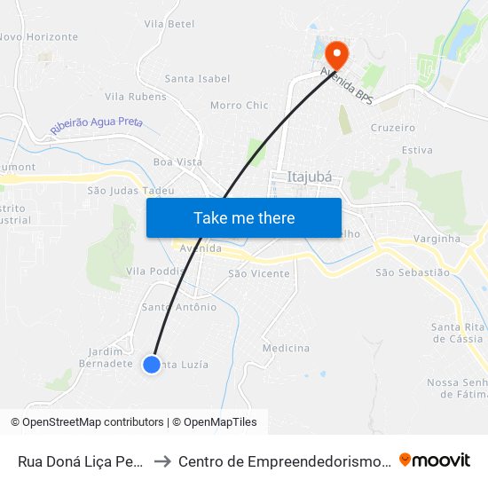 Rua Doná Liça Pereira, 761 to Centro de Empreendedorismo UNIFEI (CEU) map