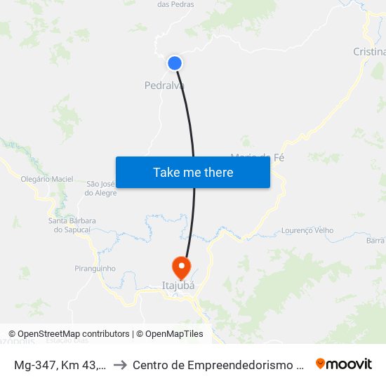 Mg-347, Km 43,4 Norte to Centro de Empreendedorismo UNIFEI (CEU) map