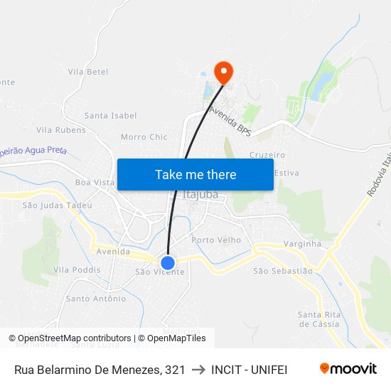 Rua Belarmino De Menezes, 321 to INCIT - UNIFEI map