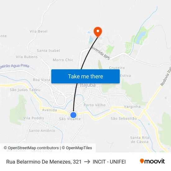 Rua Belarmino De Menezes, 321 to INCIT - UNIFEI map