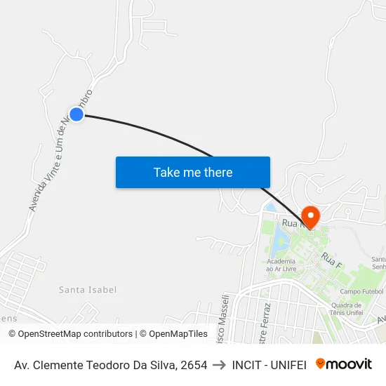 Av. Clemente Teodoro Da Silva, 2654 to INCIT - UNIFEI map