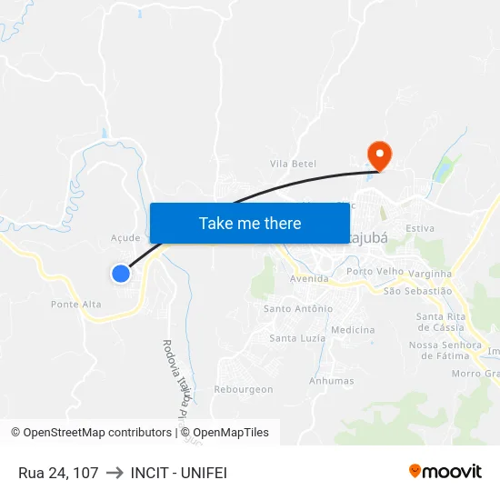 Rua 24, 107 to INCIT - UNIFEI map