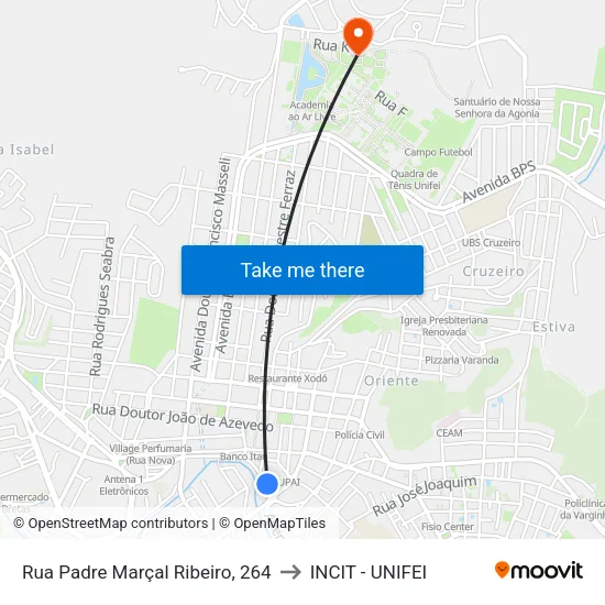 Rua Padre Marçal Ribeiro, 264 to INCIT - UNIFEI map
