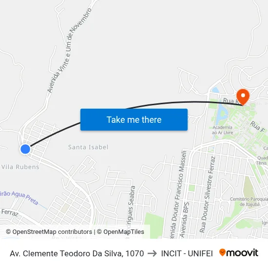 Av. Clemente Teodoro Da Silva, 1070 to INCIT - UNIFEI map
