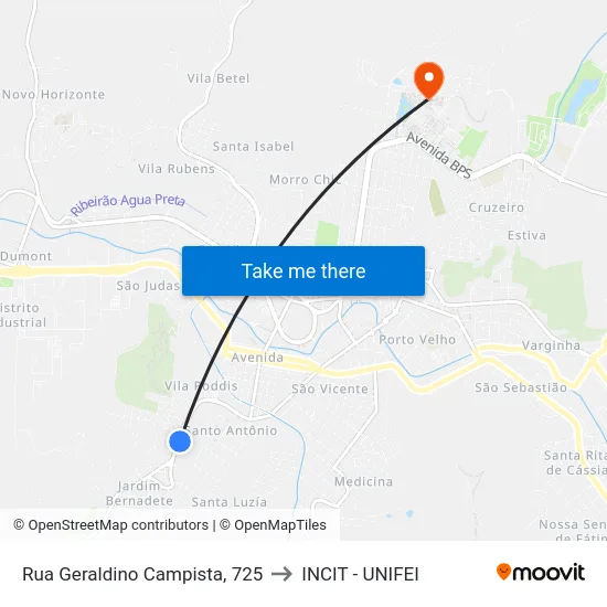 Rua Geraldino Campista, 725 to INCIT - UNIFEI map