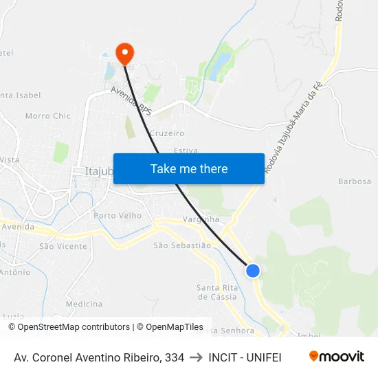 Av. Coronel Aventino Ribeiro, 334 to INCIT - UNIFEI map