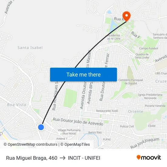 Rua Miguel Braga, 460 to INCIT - UNIFEI map