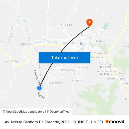 Av. Nossa Senhora Da Piedade, 2001 to INCIT - UNIFEI map