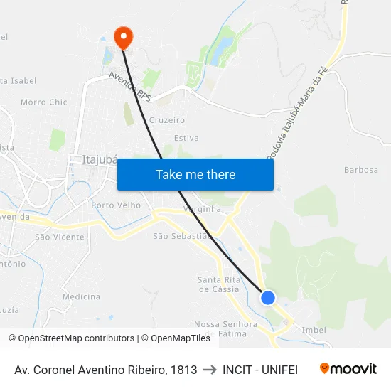 Av. Coronel Aventino Ribeiro, 1813 to INCIT - UNIFEI map