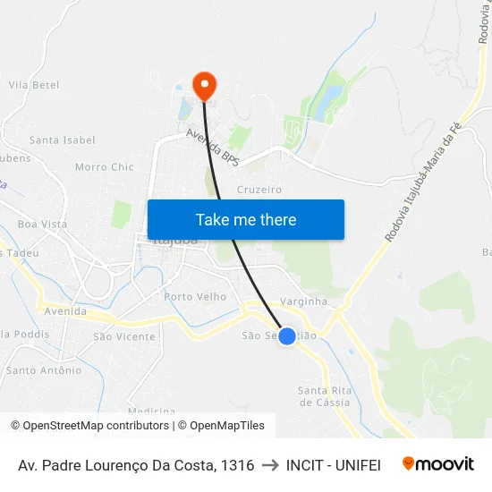 Av. Padre Lourenço Da Costa, 1316 to INCIT - UNIFEI map