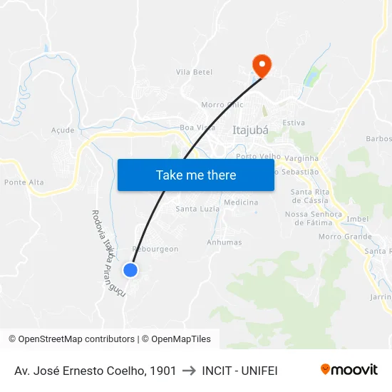 Av. José Ernesto Coelho, 1901 to INCIT - UNIFEI map