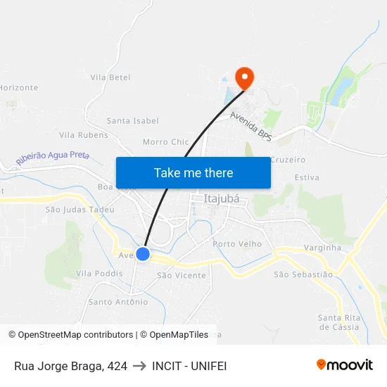 Rua Jorge Braga, 424 to INCIT - UNIFEI map