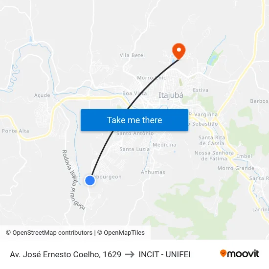 Av. José Ernesto Coelho, 1629 to INCIT - UNIFEI map