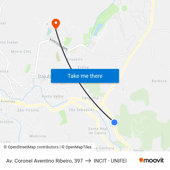 Av. Coronel Aventino Ribeiro, 397 to INCIT - UNIFEI map