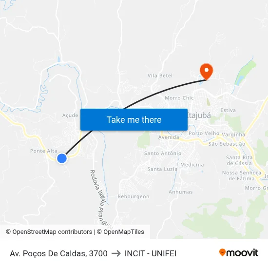 Av. Poços De Caldas, 3700 to INCIT - UNIFEI map