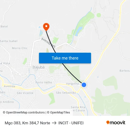 Mgc-383, Km 384,7 Norte to INCIT - UNIFEI map
