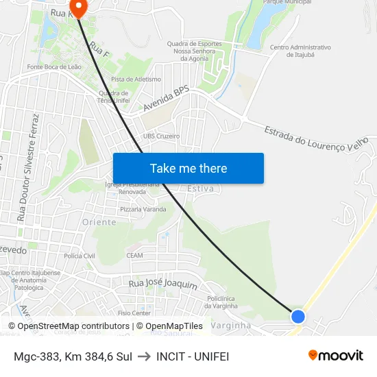 Mgc-383, Km 384,6 Sul to INCIT - UNIFEI map