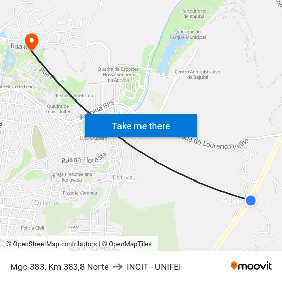 Mgc-383, Km 383,8 Norte to INCIT - UNIFEI map
