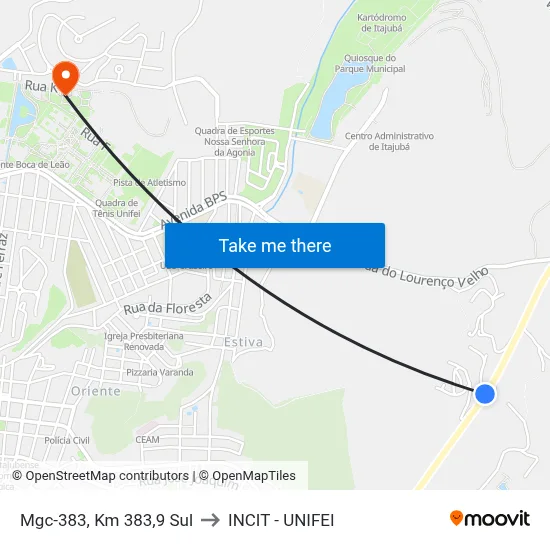 Mgc-383, Km 383,9 Sul to INCIT - UNIFEI map