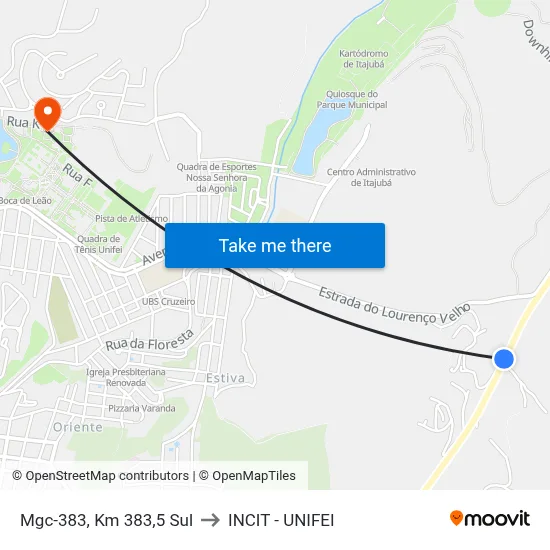 Mgc-383, Km 383,5 Sul to INCIT - UNIFEI map