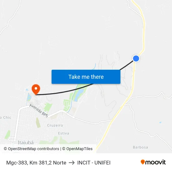 Mgc-383, Km 381,2 Norte to INCIT - UNIFEI map