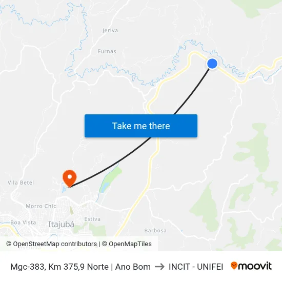 Mgc-383, Km 375,9 Norte | Ano Bom to INCIT - UNIFEI map