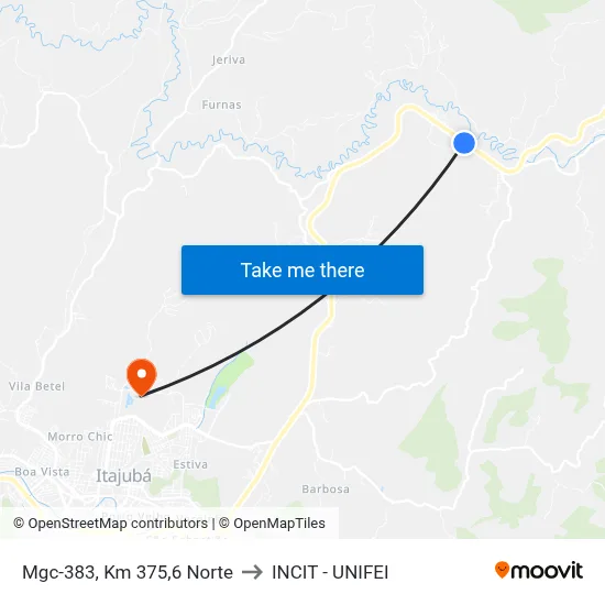Mgc-383, Km 375,6 Norte to INCIT - UNIFEI map