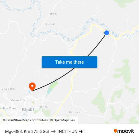 Mgc-383, Km 375,6 Sul to INCIT - UNIFEI map