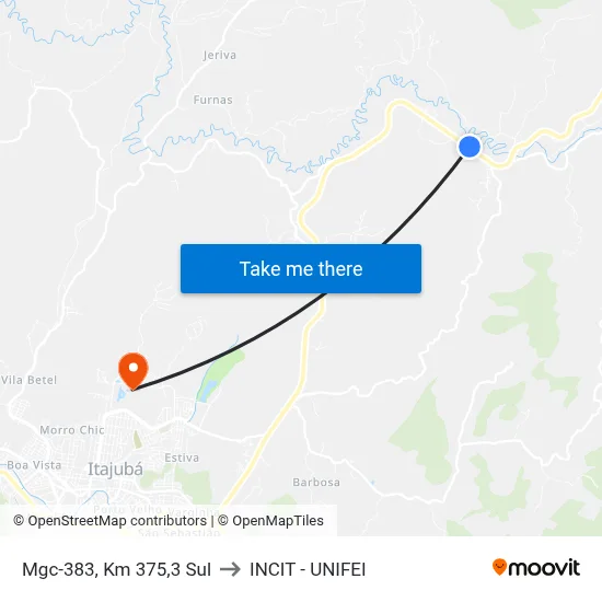 Mgc-383, Km 375,3 Sul to INCIT - UNIFEI map