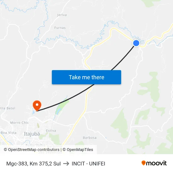 Mgc-383, Km 375,2 Sul to INCIT - UNIFEI map