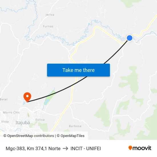 Mgc-383, Km 374,1 Norte to INCIT - UNIFEI map