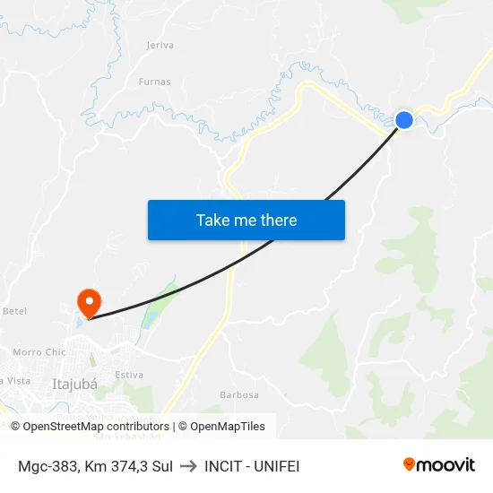 Mgc-383, Km 374,3 Sul to INCIT - UNIFEI map