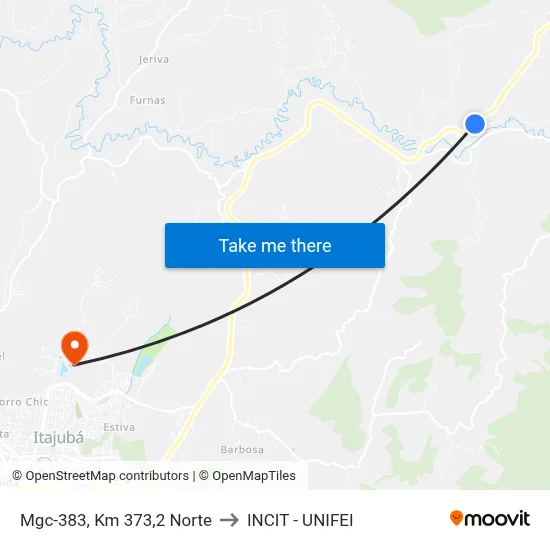 Mgc-383, Km 373,2 Norte to INCIT - UNIFEI map