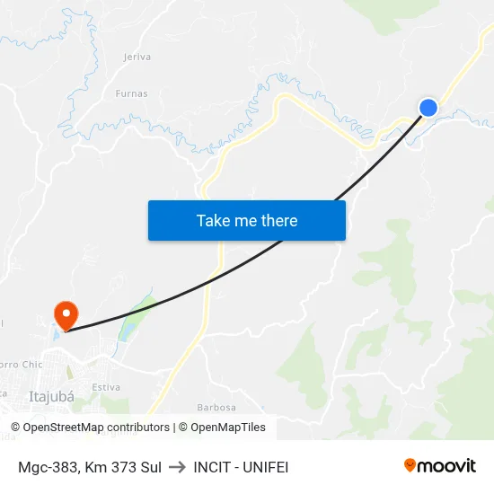 Mgc-383, Km 373 Sul to INCIT - UNIFEI map