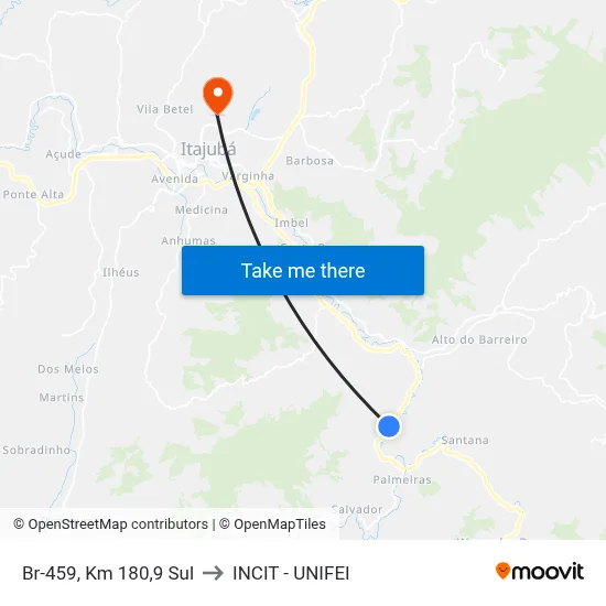 Br-459, Km 180,9 Sul to INCIT - UNIFEI map