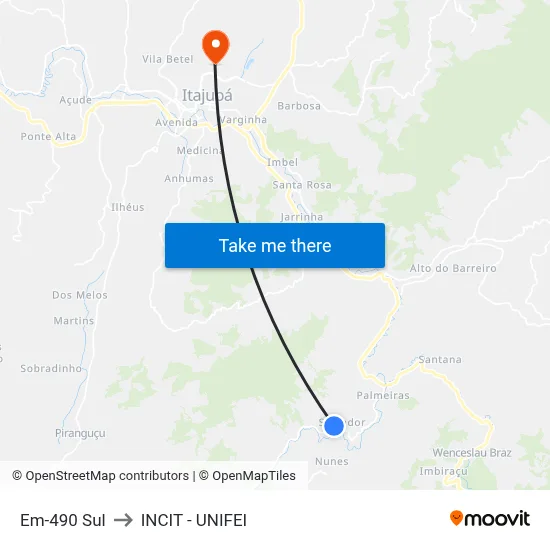 Em-490 Sul to INCIT - UNIFEI map