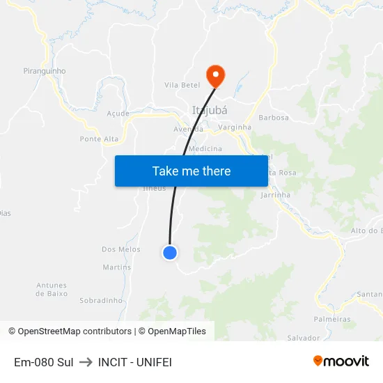 Em-080 Sul to INCIT - UNIFEI map