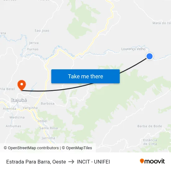 Estrada Para Barra, Oeste to INCIT - UNIFEI map