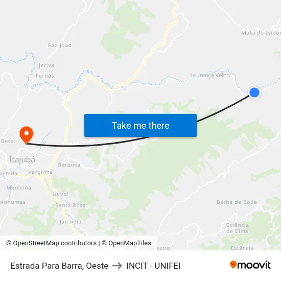 Estrada Para Barra, Oeste to INCIT - UNIFEI map