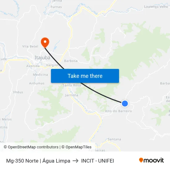 Mg-350 Norte | Água Limpa to INCIT - UNIFEI map