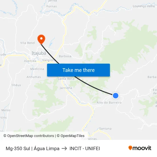 Mg-350 Sul | Água Limpa to INCIT - UNIFEI map
