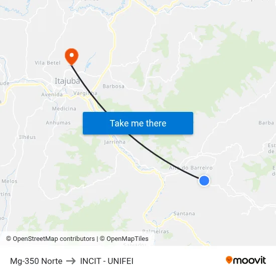 Mg-350 Norte to INCIT - UNIFEI map