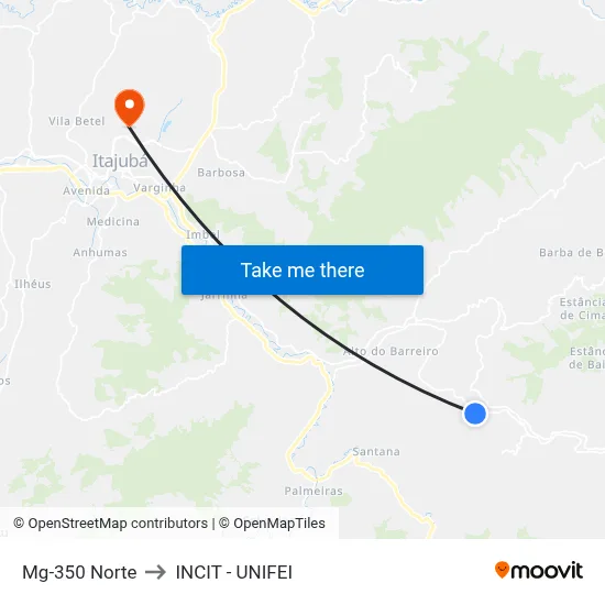 Mg-350 Norte to INCIT - UNIFEI map