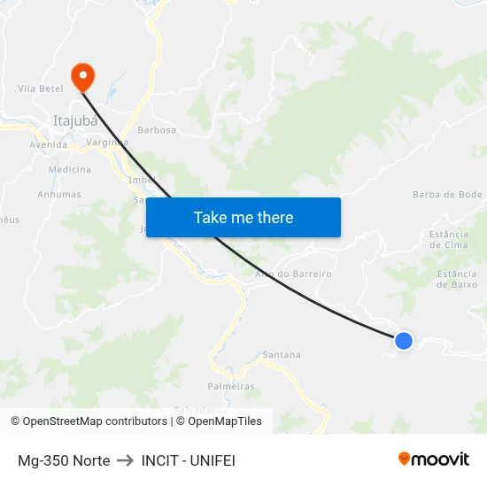 Mg-350 Norte to INCIT - UNIFEI map